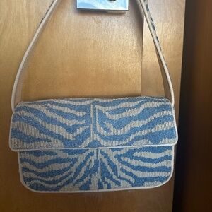 STAUD Blue/White Zebra Beaded Shoulder Bag